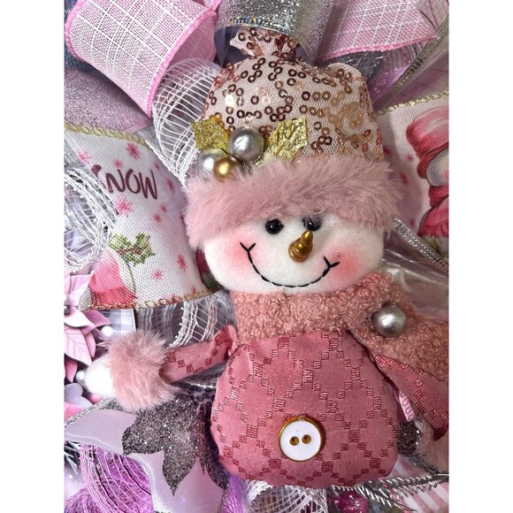 Handmade Pink Winter Snowman Holiday Ribbon Door Wreath 22 ins W80 - Picture 7 of 11